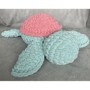 Crochet Turtle Pink Green Sparkles 12" x 13" Handmade Strawberry Pink Lemonade